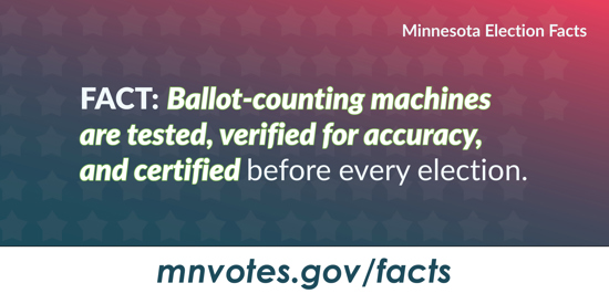 Minnesota Election Facts. Fact: Ballot-counting machines are tested, verified for accuracy, and certified before every election. mnvotes.gov/facts