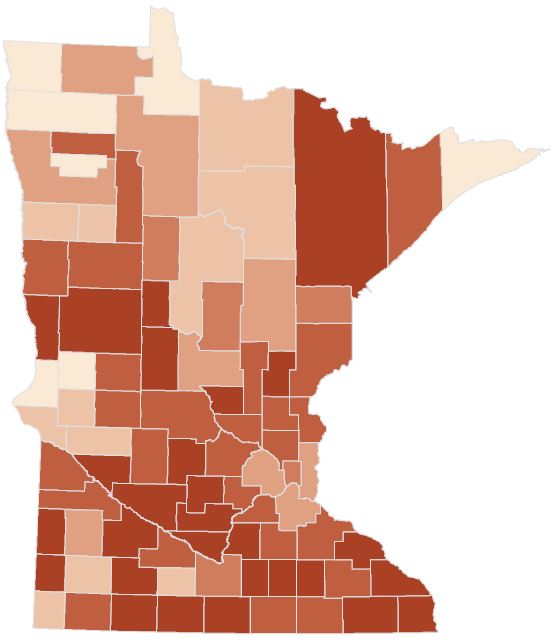 Polling place voting by county. Counties with darker shades had a higher percentage of voting via polling places on election day.