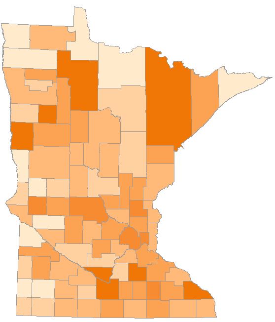 Election day registration by county. Counties with darker shades had a higher percentage of voters register when they voted