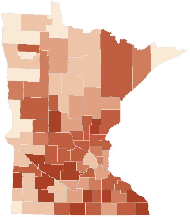 Polling place voting by county. Counties with darker shades had a higher percentage of voting via polling places on election day.