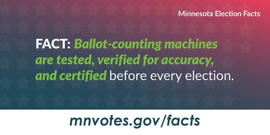 Minnesota Election Facts. Fact: Ballot-counting machines are tested, verified for accuracy, and certified before every election. mnvotes.gov/facts