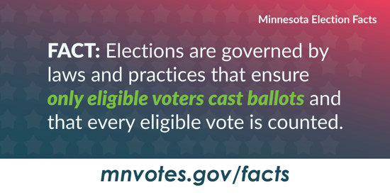 Minnesota Election Facts. Fact: Elections are governed by laws and practices that ensure only eligible voters cast ballots and that every eligible vote is counted. mnvotes.gov/facts
