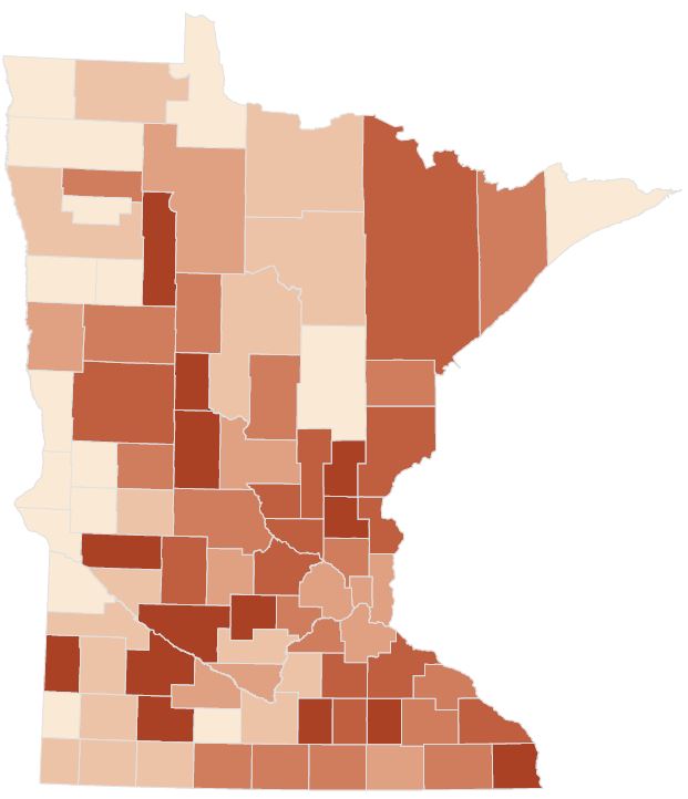 Polling place voting by county. Counties with darker shades had a higher percentage of voting via polling places on election day.