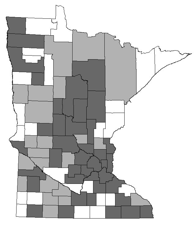 ePollbook usage by county. Counties with darkest shade used ePollbooks throughout the county, lighter shade used it in some parts of the county, no shading did not use ePollbooks at all.
